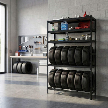 Tyre Rack, 3-Shelf Steel Storage With Adjustable Spacing