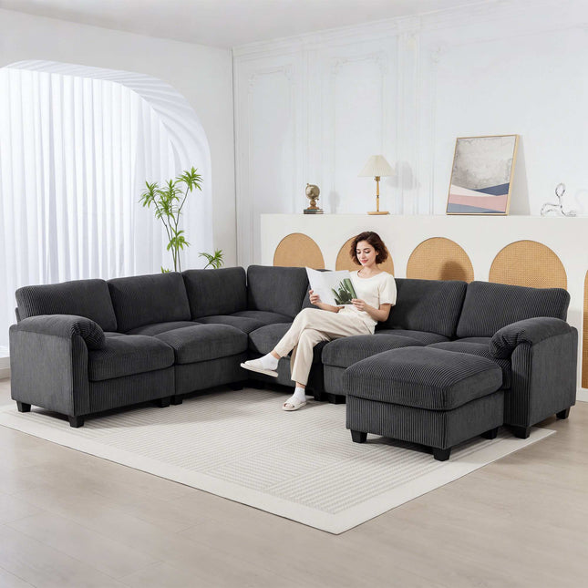 U-Shaped Sectional Sofa with Corduroy Fabric, Dark Grey, 292x224 cm