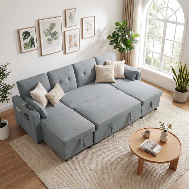 Sofa modułowa w kształcie litery U, rozkładana, 4-osobowa, z miejscem do przechowywania, szara