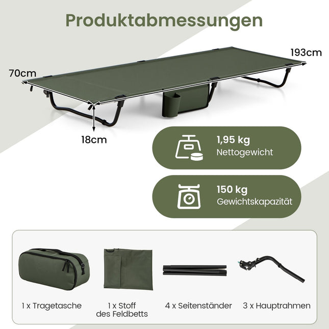 Ultralight Folding Camping Cot with Side Pocket, 150kg Capacity