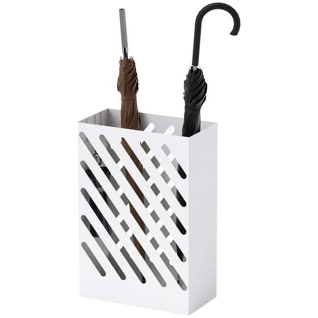 Umbrella stand in white steel with hooks and water tray