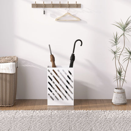 Umbrella stand in white steel with hooks and water tray