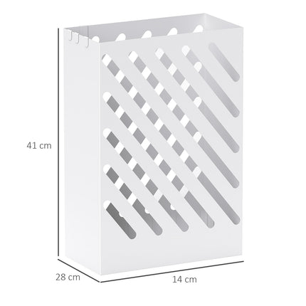 Umbrella stand in white steel with hooks and water tray