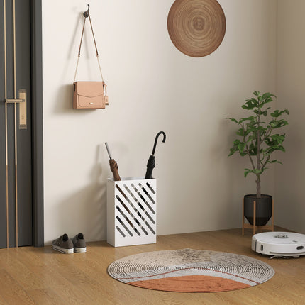 Umbrella stand in white steel with hooks and water tray