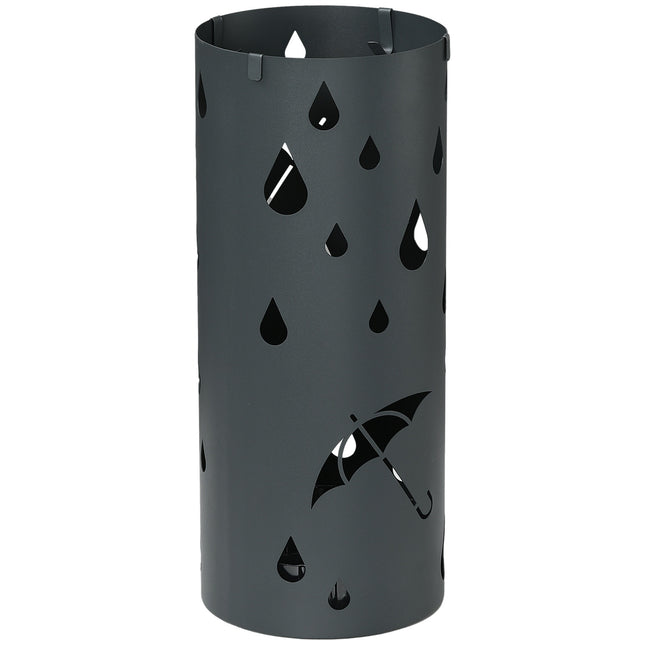 Steel umbrella stand with hooks & drip tray, dark grey