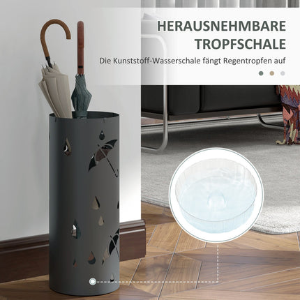 Steel umbrella stand with hooks & drip tray, dark grey