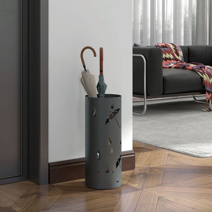 Steel umbrella stand with hooks & drip tray, dark grey