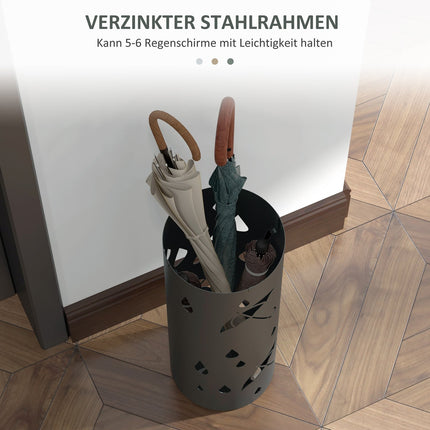 Steel umbrella stand with hooks & drip tray, dark grey