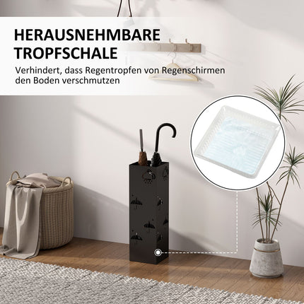 Umbrella stand in black steel with hooks and drain tray