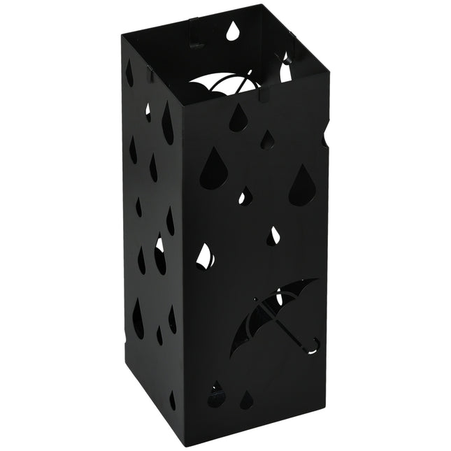 Umbrella stand in black steel with hooks and drip tray