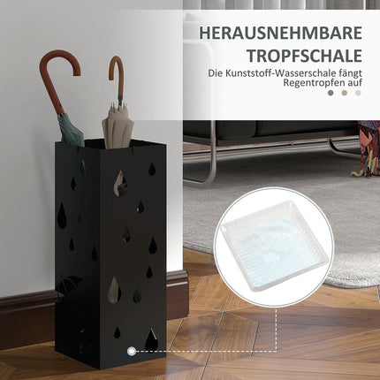 Umbrella stand in black steel with hooks and drip tray