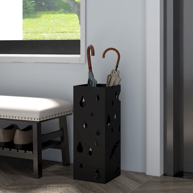 Umbrella stand in black steel with hooks and drip tray