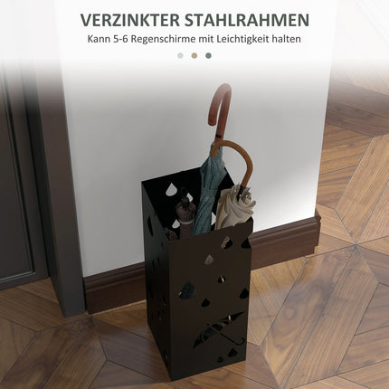 Umbrella stand in black steel with hooks and drip tray