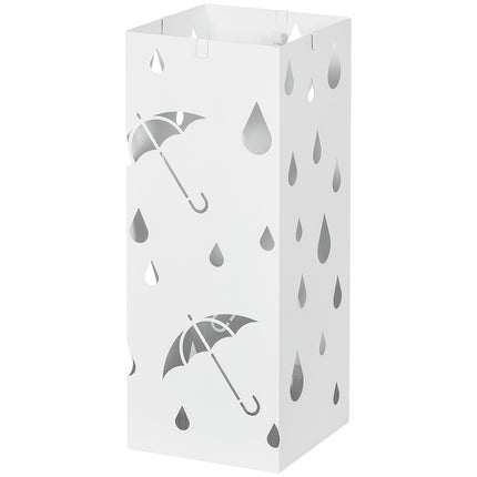 Steel umbrella stand with hooks and water tray - White