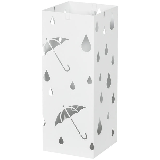 Steel umbrella stand with hooks and water tray - White