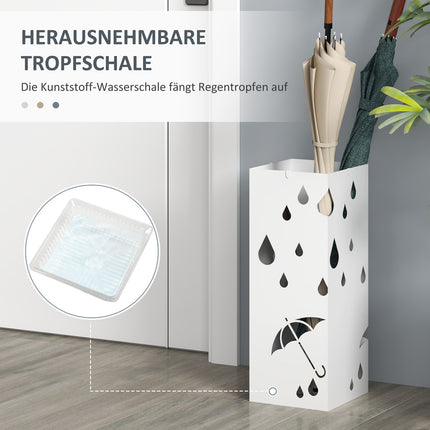 Steel umbrella stand with hooks and water tray - White