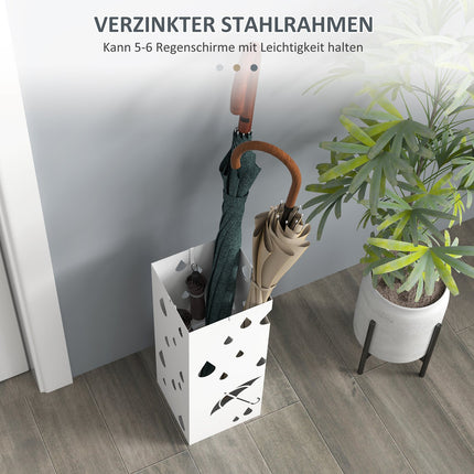 Steel umbrella stand with hooks and water tray - White