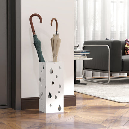 Steel umbrella stand with hooks and water tray - White