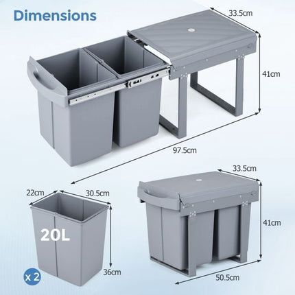Under-Cabinet Pull-Out Trash Can, 40L 2-Bin, Grey