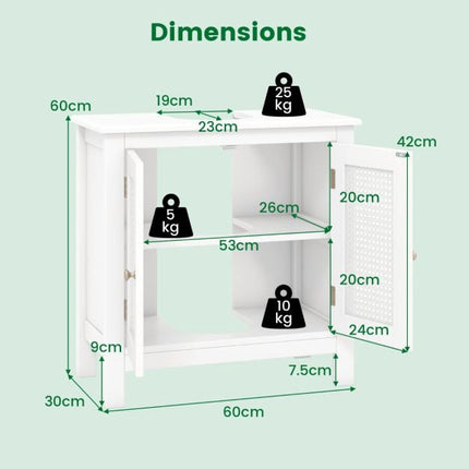 Under Sink Bathroom Cabinet, Rattan Doors, White, 60x30x60 cm