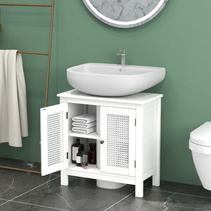 Under Sink Bathroom Cabinet, Rattan Doors, White, 60x30x60 cm