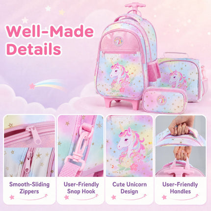 Unicorn 3-Piece Rolling Backpack Set with Lunch Bag & Case