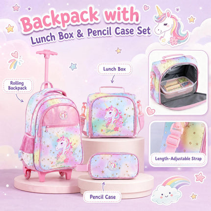 Unicorn 3-Piece Rolling Backpack Set with Lunch Bag & Case
