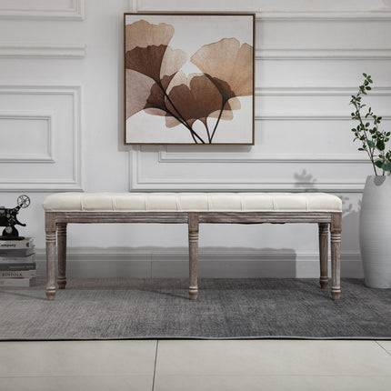 Beige vintage upholstered bench, velvet smooth, 142x47x51 Cm