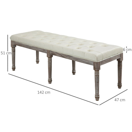 Beige vintage upholstered bench, velvet smooth, 142x47x51 Cm