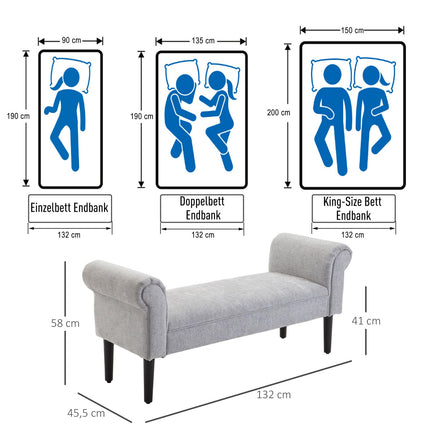 Elegant light gray upholstered bench with rolled sides