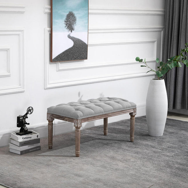 Gray upholstered bench - vintage style with button detail