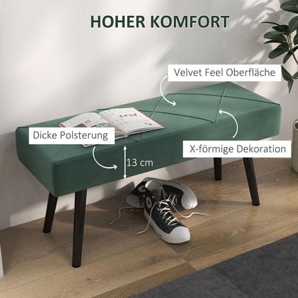 Velvet-covered bench, X-pattern, 100x36x45 cm, green