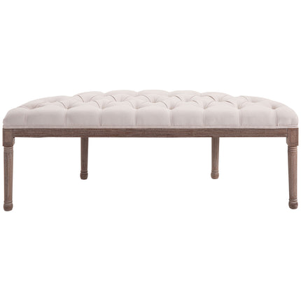 Vintage beige upholstered bench, linen & wood, 140.5 cm
