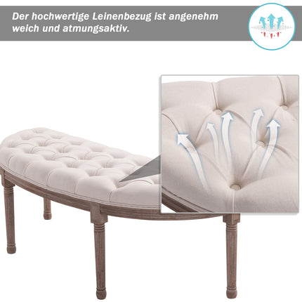 Vintage beige upholstered bench, linen & wood, 140.5 cm