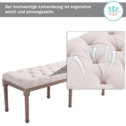 Vintage beige upholstered bench, linen & wood, 142cm