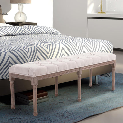 Vintage beige upholstered bench, linen & wood, 142cm