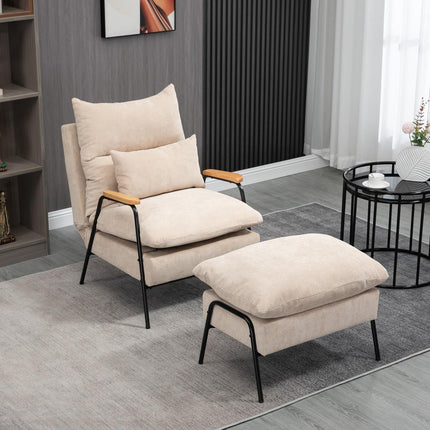 Upholstered armchair with footstool, reclining armchair with reclining function, upholstered chair, cushion, TV armchair, 68 x 91.5 x 88 cm, beige