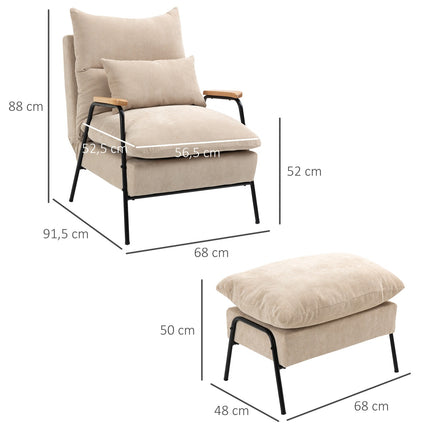 Upholstered armchair with footstool, reclining armchair with reclining function, upholstered chair, cushion, TV armchair, 68 x 91.5 x 88 cm, beige