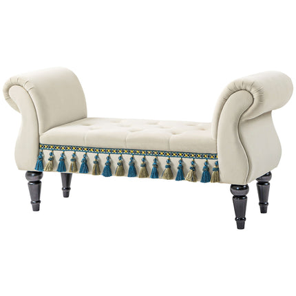 Beige velvet upholstered bench with storage and armrests