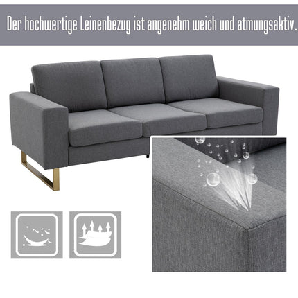 3-seater dark gray upholstered fabric sofa, linen finish