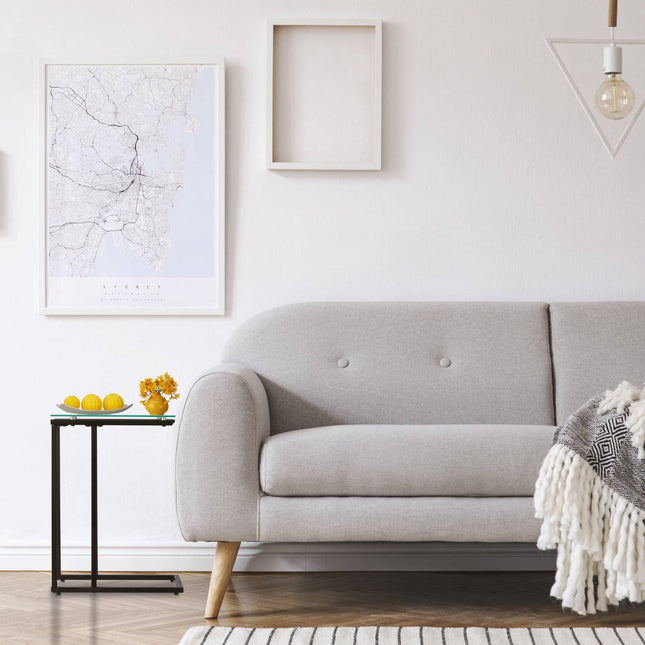 U-shaped side table in glass and metal