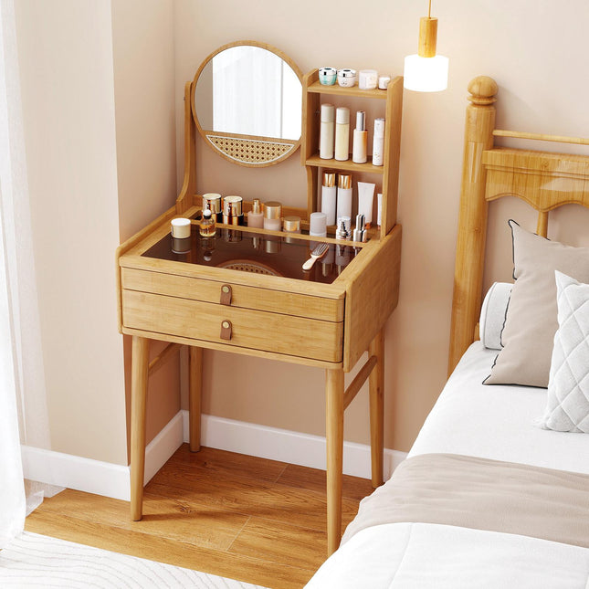 Vanity Desk With Mirror, 23.5 Inch Bamboo, 2 Drawers