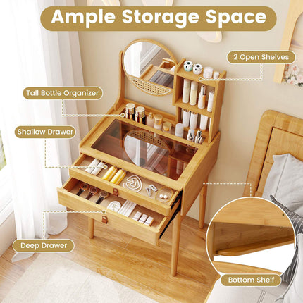 Vanity Desk With Mirror, 23.5 Inch Bamboo, 2 Drawers