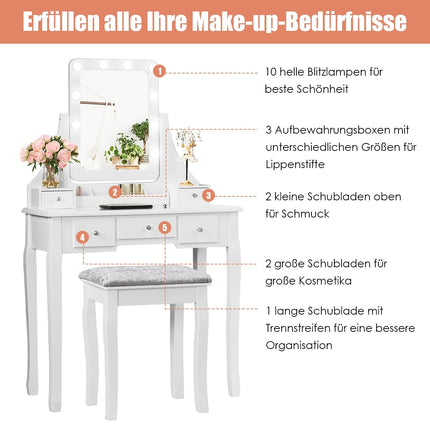 Vanity Set with LED Mirror and Stool, White, 80x40x135.5 cm
