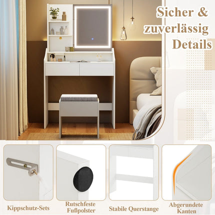 Vanity Set with Mirror, LED Lights & Storage Stool, White