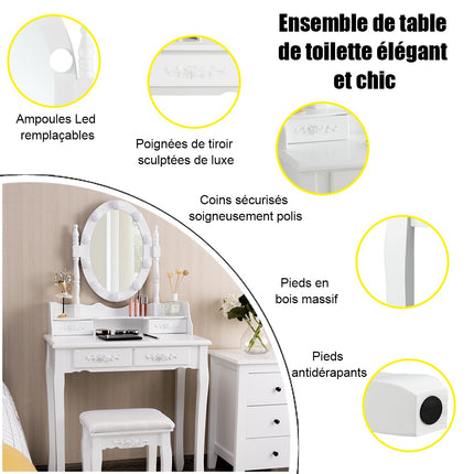Vanity Table With LED Mirror, 4 Drawers and Stool, White