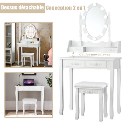 Vanity Table With LED Mirror, 4 Drawers and Stool, White