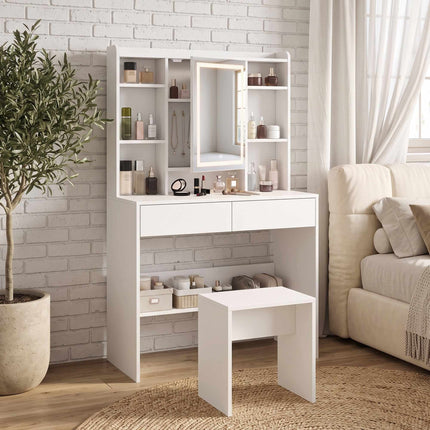 Vanity Table with LED Mirror, 2 Drawers, White