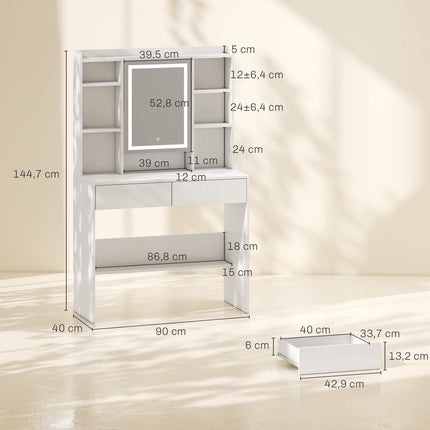 Vanity Table with LED Mirror, 2 Drawers, White
