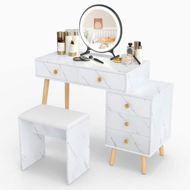 Vanity Table with LED Mirror, 5 Drawers, White
